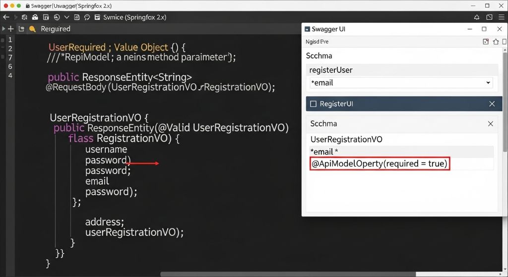 메소드의 파라미터로 VO(Value Object)를 넘겨줄 때, 해당 VO의 **특정 필드(속성)**를 Swagger (Springfox 2.x 기준)에서 **필수 입력(Required)**으로 표시하는 방법