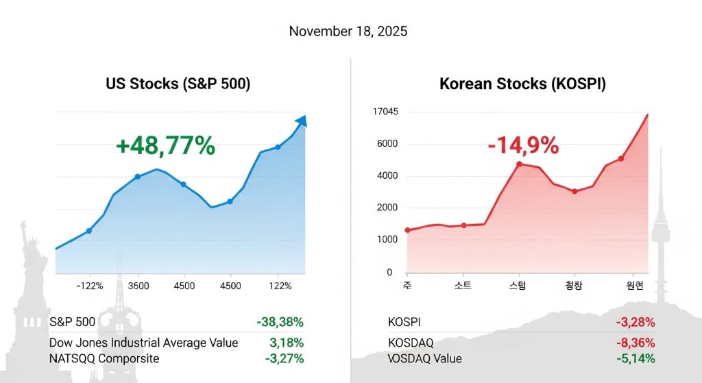 미국 주식 뉴스와 한국 주식 비교 (2025년 11월 18일 기준)