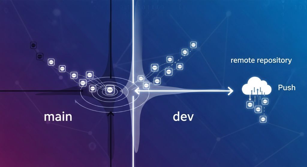 로컬의 main 브랜치 내용을 dev 브랜치에 합치고(Merge), 원격 저장소(Remote)에 올리는(Push) 방법