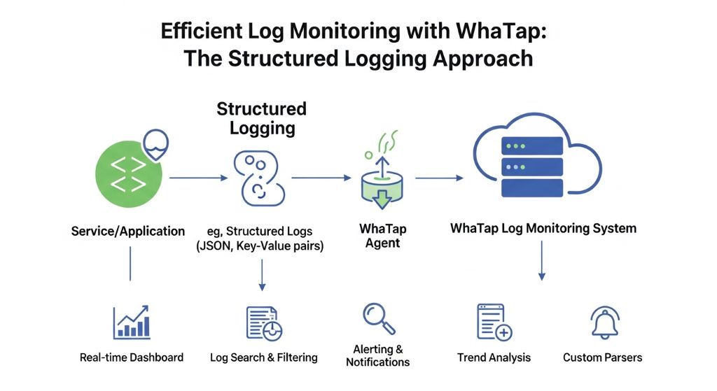 와탭(WhaTap)에서 로그 모니터링 기능을 효율적으로 활용하기 위해서는 **정형화된 로그 포맷(Structured Logging)**을 사용하는 방법