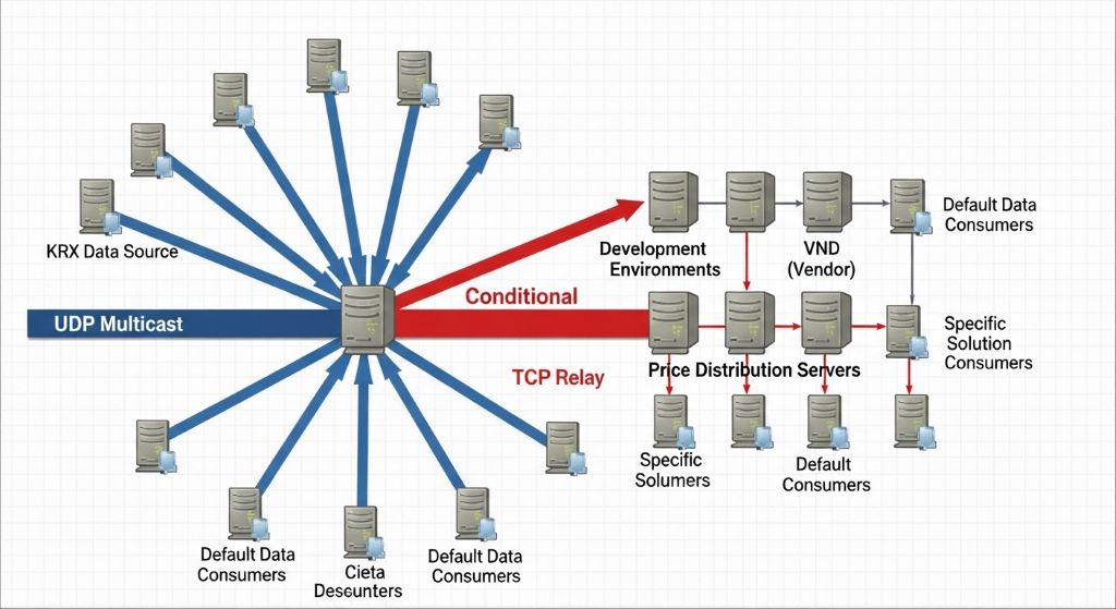 KRX 시세 데이터는 기본적으로 UDP Multicast로 송출되지만, 개발 환경이나 특정 솔루션(VND, 시세 분배 서버 등)을 거칠 때는 TCP Relay 방식을 사용하는 경우 2
KRX 시세 데이터는 기본적으로 UDP Multicast로 송출되지만, 개발 환경이나 특정 솔루션(VND, 시세 분배 서버 등)을 거칠 때는 TCP Relay 방식을 사용하는 경우
