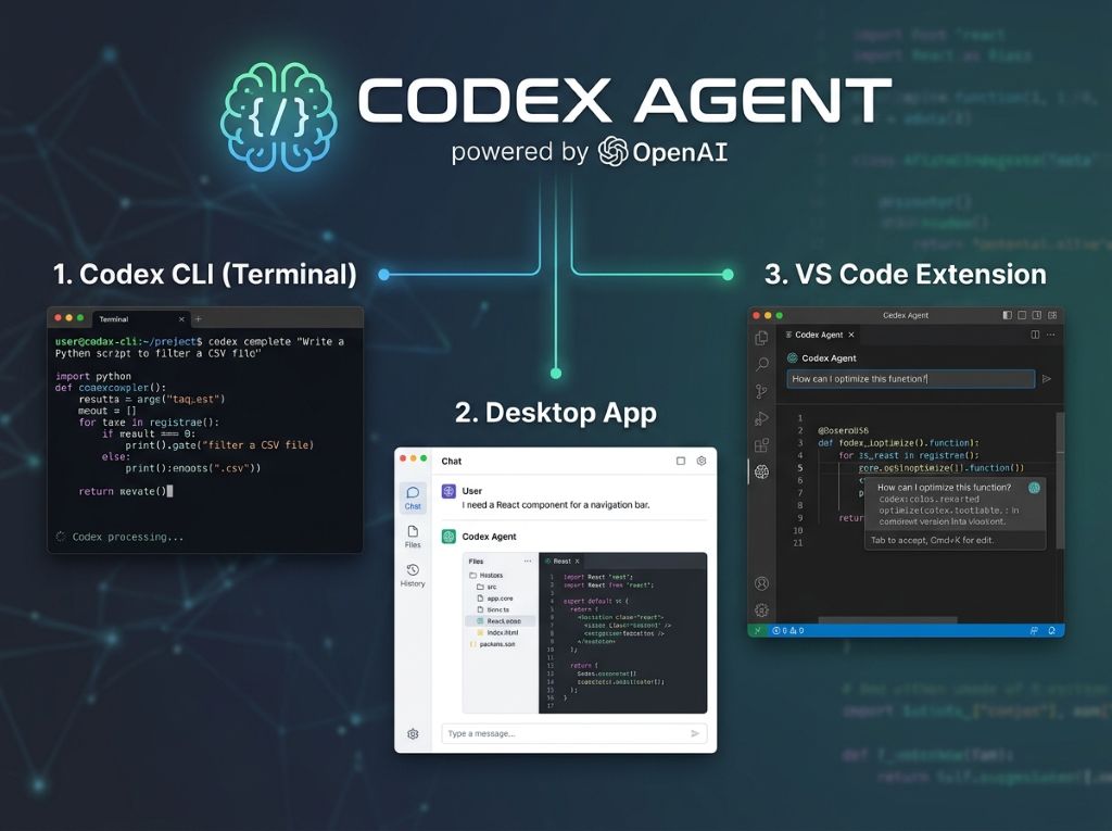 Codex Agent는 OpenAI의 AI 코딩 에이전트로, 주로 Codex CLI(터미널), Desktop App, VS Code Extension 형태로 사용됩니다. 아래에 각 설치 방법