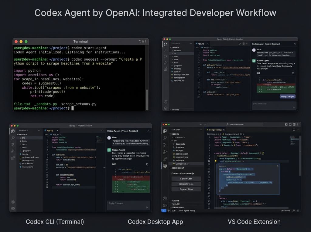 Codex Agent는 OpenAI의 AI 코딩 에이전트로, 주로 Codex CLI(터미널), Desktop App, VS Code Extension 형태로 사용됩니다. 아래에 각 설치 방법